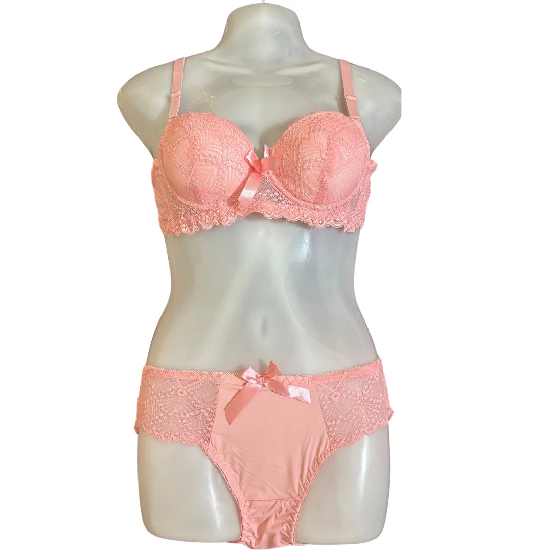 Floral Lace Lingerie Set | Push-Up Bra & Panty Set with Satin Bow | Sizes 34–38