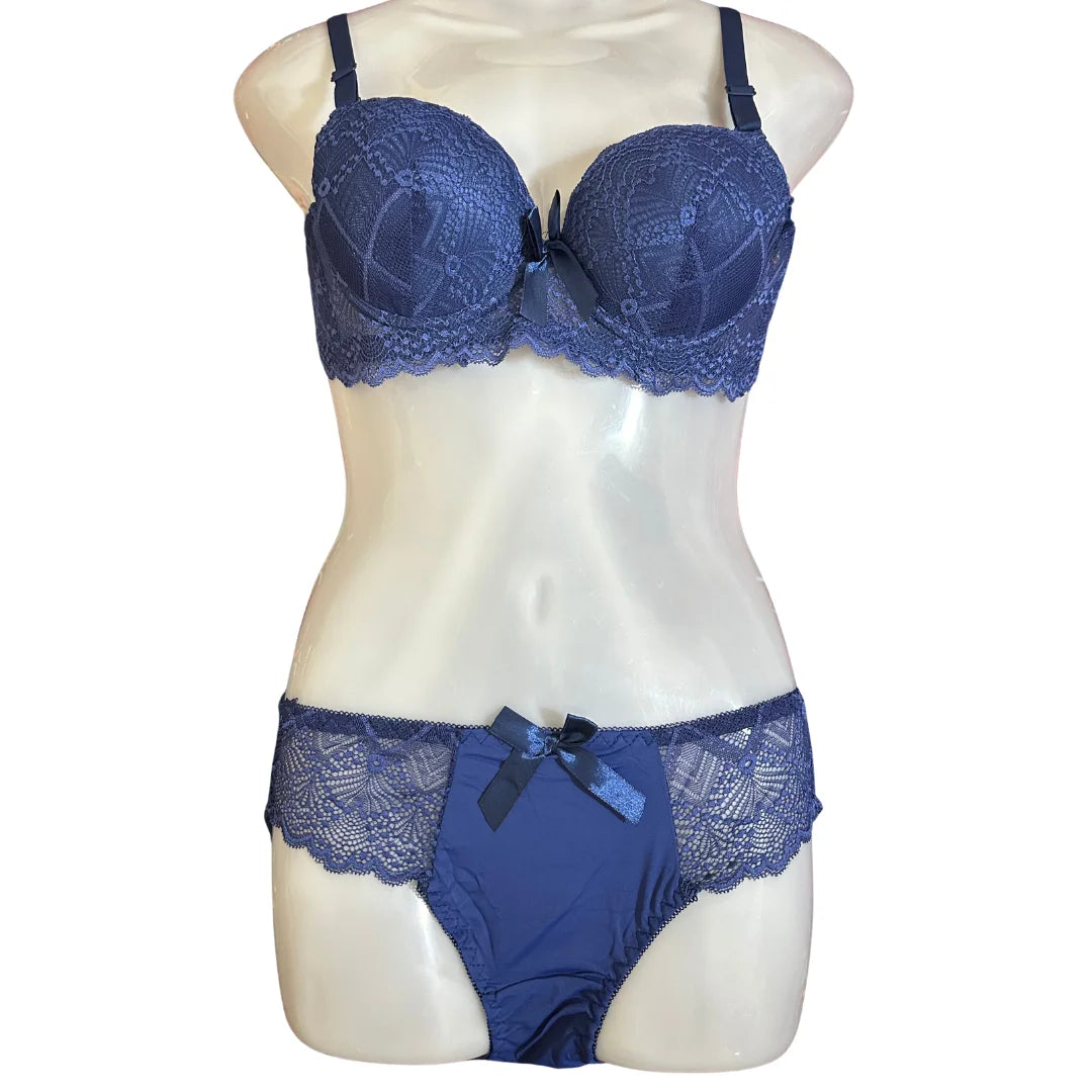 Floral Lace Lingerie Set | Push-Up Bra & Panty Set with Satin Bow | Sizes 34–38