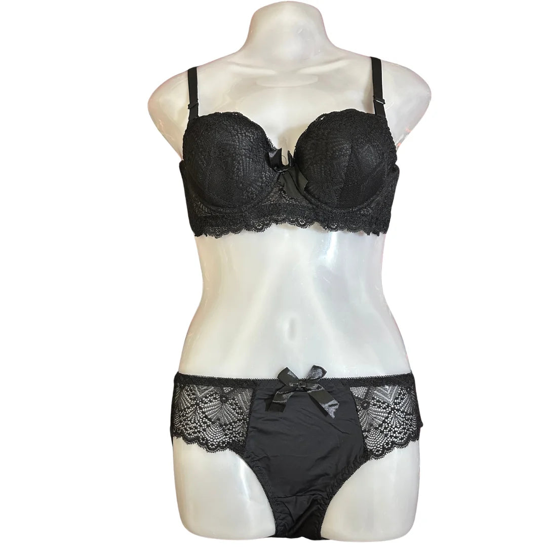 Floral Lace Lingerie Set | Push-Up Bra & Panty Set with Satin Bow | Sizes 34–38