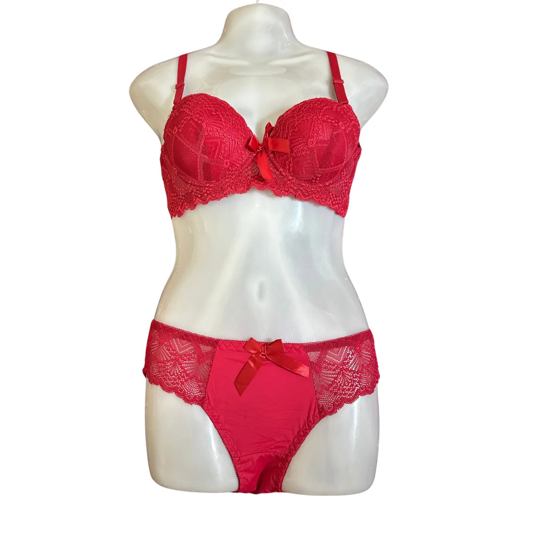 Floral Lace Lingerie Set | Push-Up Bra &amp; Panty Set with Satin Bow | Sizes 34–38