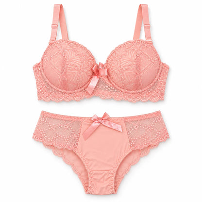 Floral Lace Lingerie Set | Push-Up Bra &amp; Panty Set with Satin Bow