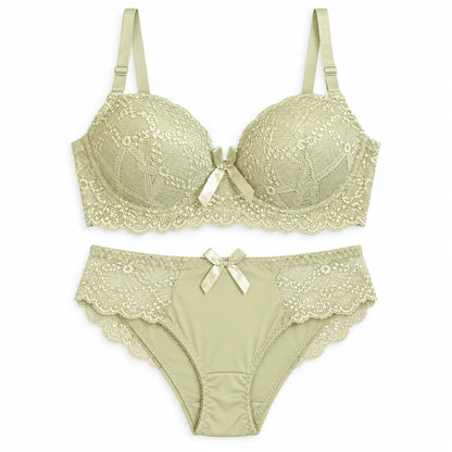 Floral Lace Lingerie Set | Push-Up Bra &amp; Panty Set with Satin Bow