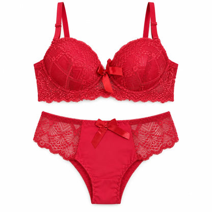 Floral Lace Lingerie Set | Push-Up Bra &amp; Panty Set with Satin Bow