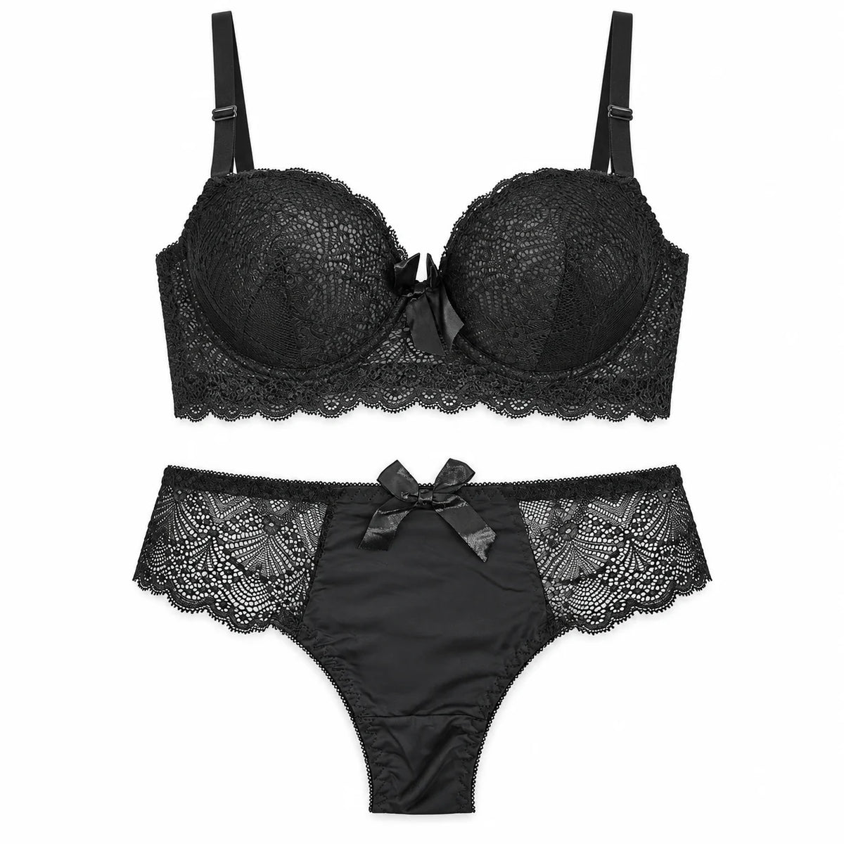 Floral Lace Lingerie Set | Push-Up Bra &amp; Panty Set with Satin Bow