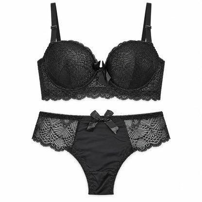Floral Lace Lingerie Set | Push-Up Bra &amp; Panty Set with Satin Bow