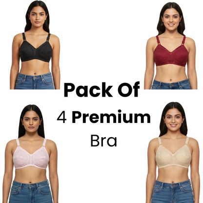 Pack of 4 Premium Cotton Ladies Bra | Sizes 32 to 40 – Soft &amp; Breathable